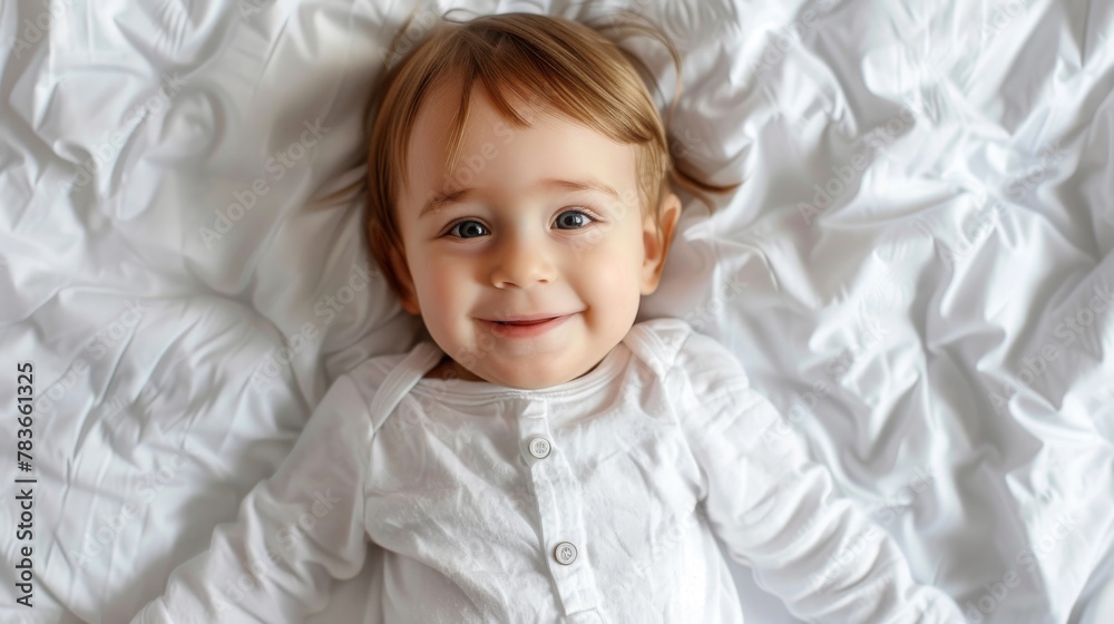 Photo funny baby smiling and lying on a white bedding at home Photo funny baby smiling and lying on a white bedding at home