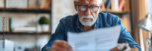 Photo of a senior reviewing his life insurance policy with a close up on the document and his reading glasses underscoring the significance of insurance in retirement planning photo