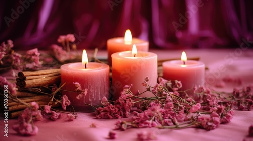 A composition of candles  flowers  textiles. The concept of home interior  comfort  spa  relaxation and wellness.