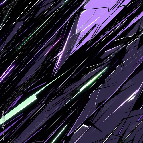 A glowing purple and black background with sharp edges and neon green highlights.