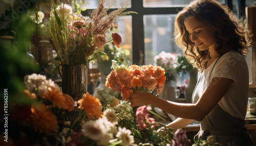 A woman is arranging flowers in a shop photo