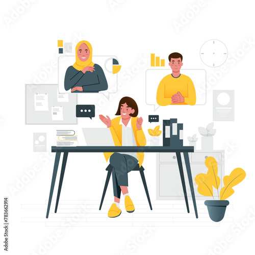 Vector of entrepreneur woman making teleconference with her partner. Making video conference to discuss about job. Woman work from home on her desk.