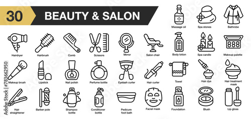 Set of 30 beauty and salon icon set. Includes comb, blush, lipstick, shampoo, candle, towel and More. Outline icons vector collection.