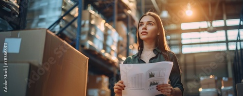 Pretty young woman standing in warehouse, holding papers in hands, cardboard boxes on shelves. photo