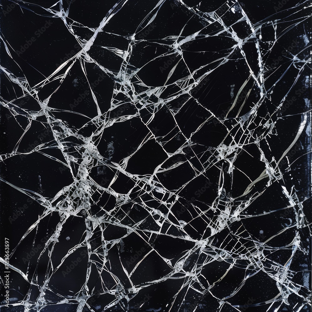 Complex web of a shattered glass pane against a dark backdrop, ideal for themes involving security, accidents, or abstract concepts, with space for text.