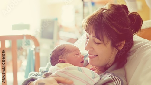 A serene hospital room, where a mother's first embrace envelops her newborn, wrapping him in warmth and security.