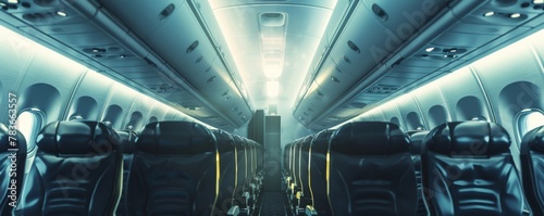 View of the plane deck, empty seats in the plane. photo