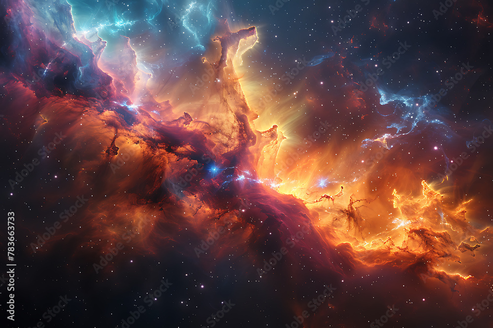 Mesmerizing digital artwork of deep space, featuring vibrant nebulae and distant galaxies in a swirling cosmic expanse, perfect for captivating sci-fi backgrounds and cosmic-themed designs