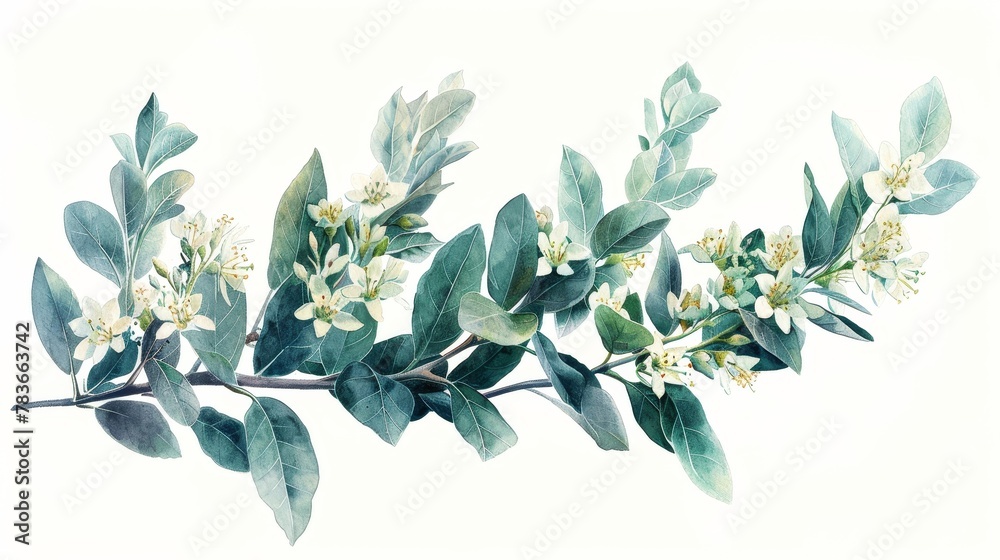 A watercolor painting of a branch with green leaves and white flowers. - obrazy, fototapety, plakaty 