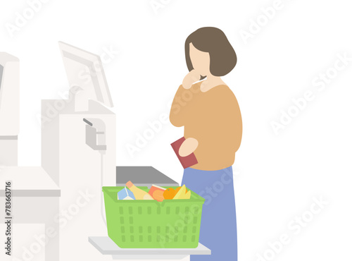 スーパーのセルフレジに戸惑う女性のイラスト