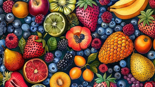 A variety of fruits and berries are arranged in a colorful pattern.