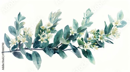 A watercolor painting of a branch with green leaves and white flowers.