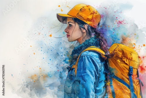Colorful watercolor painting of a female hiking in forest, adventure