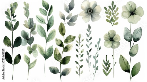 A set of watercolor drawings of green and white flowers and leaves.
