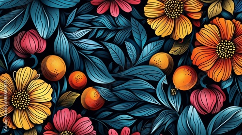 Colorful floral pattern with blue background