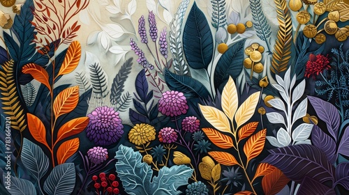 A colorful botanical illustration with a variety of flowers, leaves, and plants. The colors are vibrant and saturated, and the composition is dense and lush. The style is realistic, but with a slightl photo