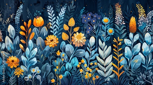 A seamless pattern of blue and yellow flowers and leaves on a dark blue background. photo