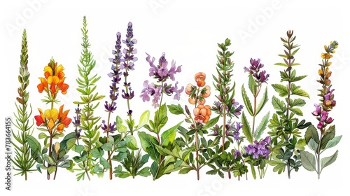 A variety of watercolor herbs and flowers photo