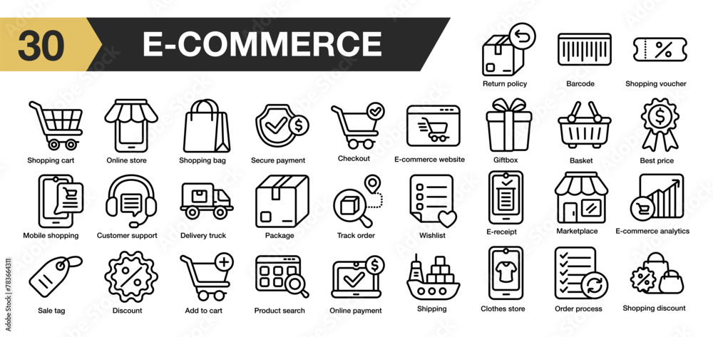 Set of 30 ecommerce icon set. Includes discount, giftbox, marketplace, package, shipping, bag, cart, order, and More. Outline icons vector collection.