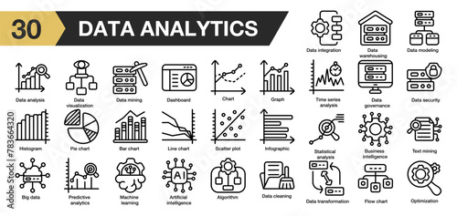 Set of 30 data analytic icon set. Includes chart, flowchart, graph, optimization,analysis, big data, and More. Outline icons vector collection.