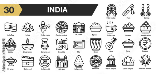 Set of 30 india icon set. Includes flute, drum, mat, oil lamp, lotus, laddu, tea, spices, and More. Outline icons vector collection.