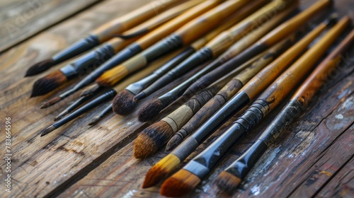 Calligraphy Brushes Set on Wooden Desk with Soft Lighting.