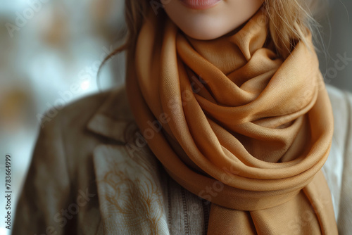 A woman wearing an elegant scarf in golden brown in a closeup sho
