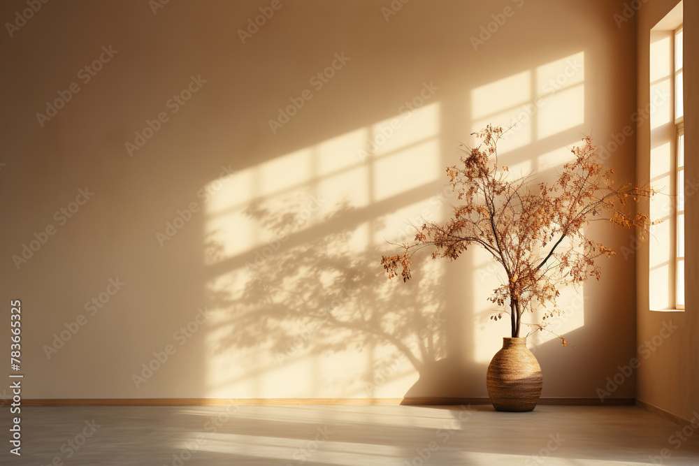 Minimalist background with beige room interior, shadows on the walls. Minimalist background with beige room interior, shadows on the walls.