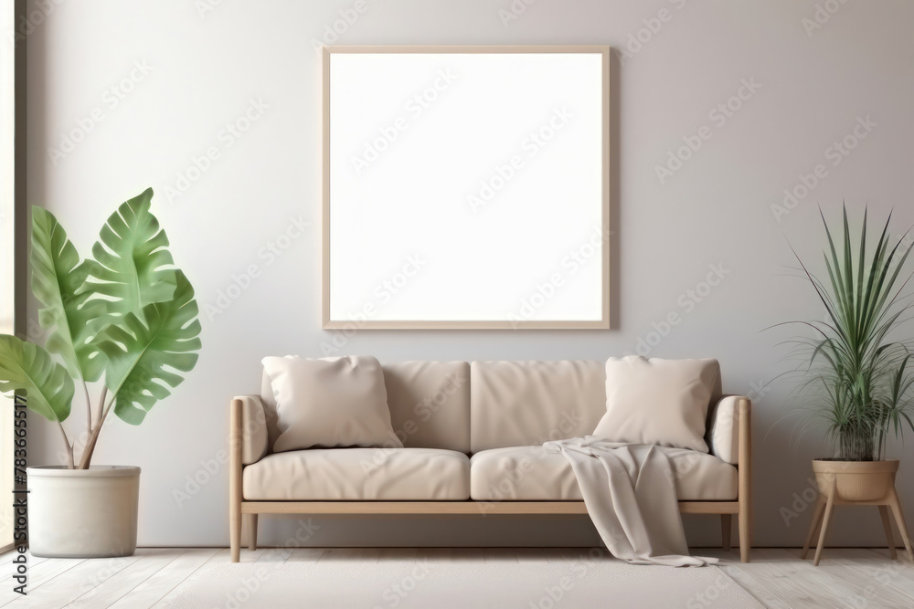 Fototapeta premium empty picture frame on the wall in a room with a minimalist interior, blank picture for design, copy space