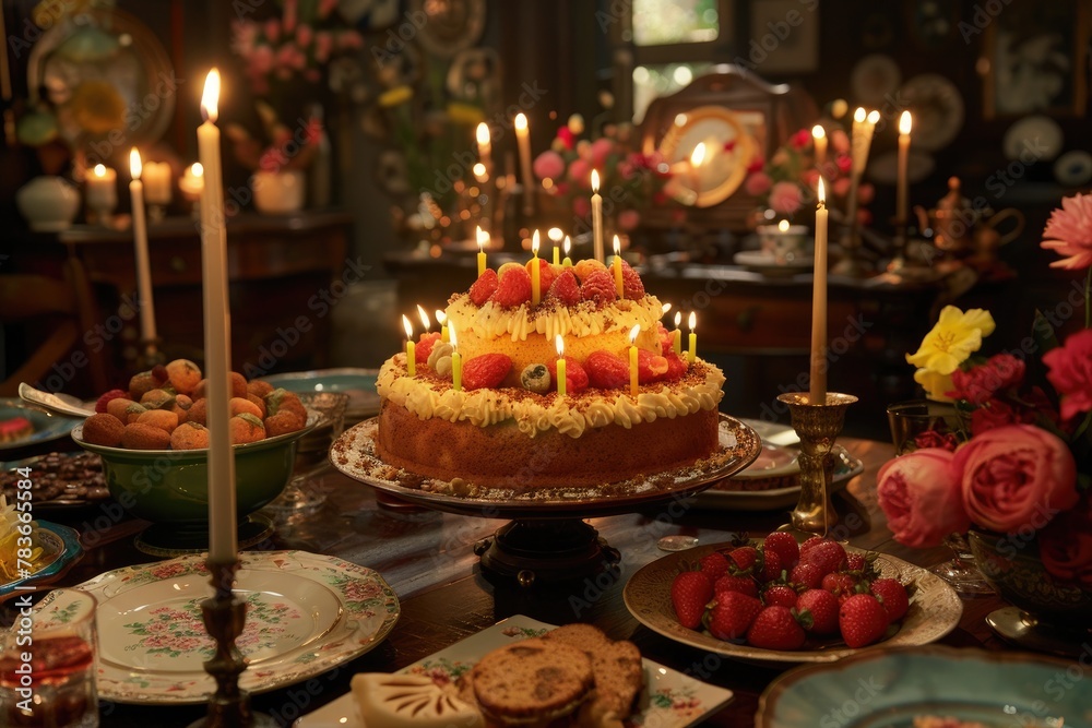 Birthday cake surrounded by candles celebration and joy