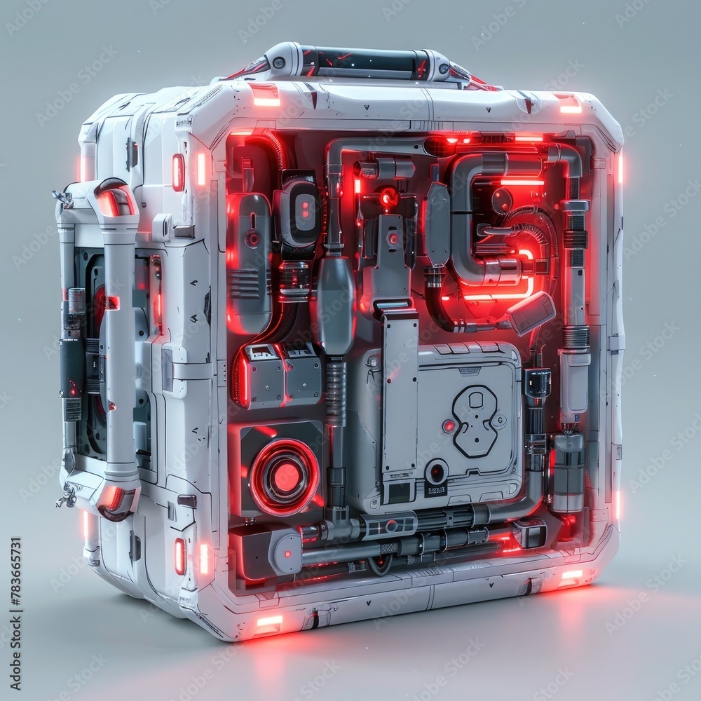 Sleek White Robotic Toolbox with Intricate Red Light Effects Symbolizing Technological Evolution
