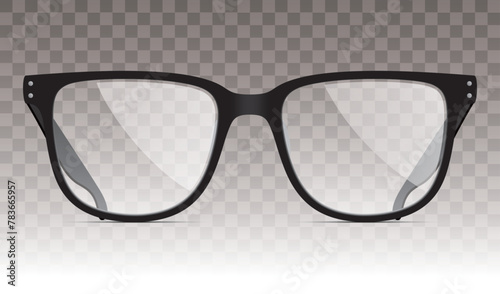 Black frame spectacles, isolated on the transparent background. Classic shape unisex black eyewear, vector illustration.