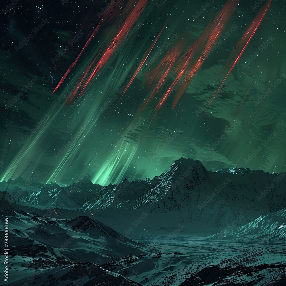 An atmospheric photo of green northern lights with red streaks across a night sky.