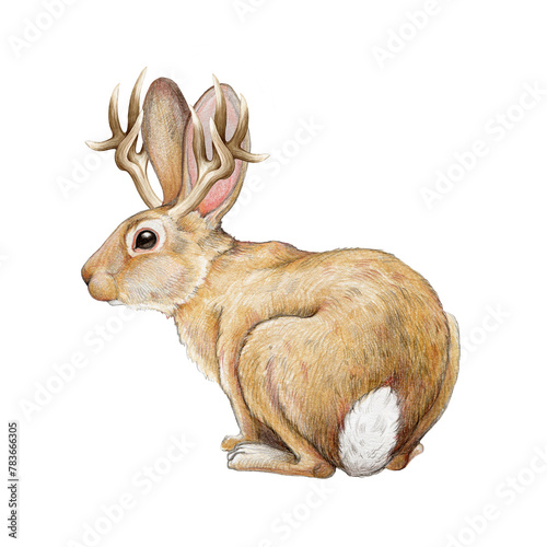 Jackalope myth rabbit creature watercolor illustration. Hand drawn wild mythological animal. Rabbit with horns vintage style illustration. Jackalope image on white background