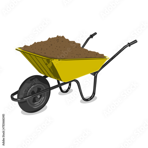 Wheelbarrow with dirt. Gardening clipart isolated on white background. wheelbarrow with soil vector illustration. garden planting and food growing in back yard and in field. gardening tools.