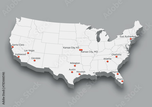 map of United States with soccer tournament 2024 host cities