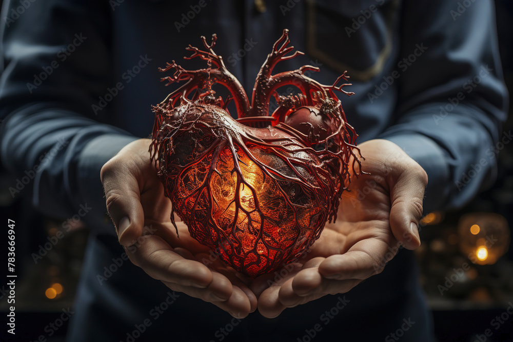 A man holding a heart in his hands. Cardiological health concept. - obrazy, fototapety, plakaty 