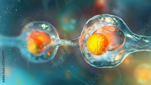 Early-stage division of human or animal cells in embryos, showcasing mitosis process and significance of the cellular membrane in the fundamental concept of developmental biology and medical research photo
