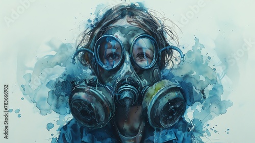 Bring to life the contrast of a child wearing a gas mask in a whimsical watercolor style Highlight the isolation and fear, set against a peaceful white background Emphasize the importance of the subje photo
