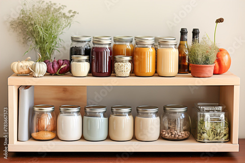 A kitchen white wall with shelves topped with lots of bottles, bowls and jars with spices and products