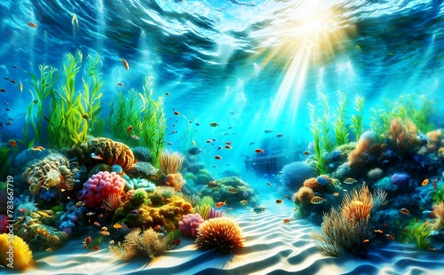 Underwater Scenery with Fish 3D Wallpaper  A mermaid is sitting on a rock in the ocean  looking at a sunken ship in the distance. There are many colorful fish and coral reefs around her.