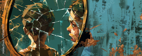 child's reflection in a broken mirror, distorted and fragmented like their sense of self amidst the chaos and dysfunction of a violent family environment. 