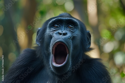 Bewildered Ape shocked funny. Nature forest. Generate Ai