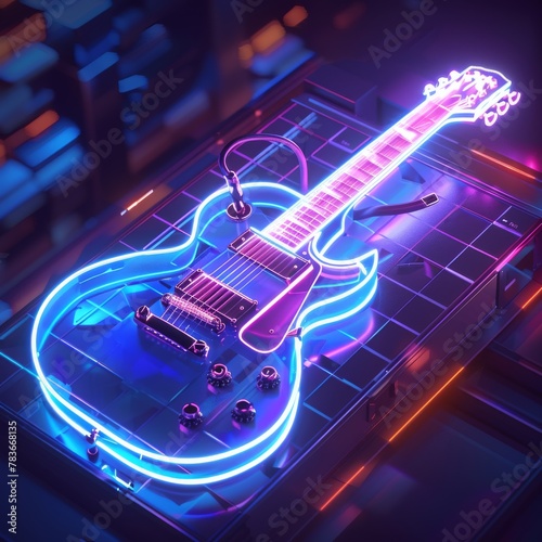  A stunning 3D illustration of an electric guitar outlined in vibrant neon lights, set against a dark reflective surface for music-related content and modern graphic design with ample copy space.