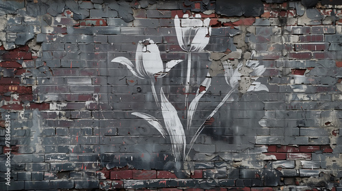 Urban spring blooms.  Weathered brick wall with delicate flowers. Mural, wallpaper.