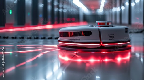 Autonomous Robotic Floor Polisher Emitting Mesmerizing Red Light Trails Showcasing Advancements in Cleaning Technology