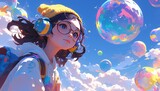 curious child wearing glasses and a beanie, colorful planets floating in the sky, fantasy world of imagination. The background is filled with dreamy clouds. Atmosphere of wonder and exploration.