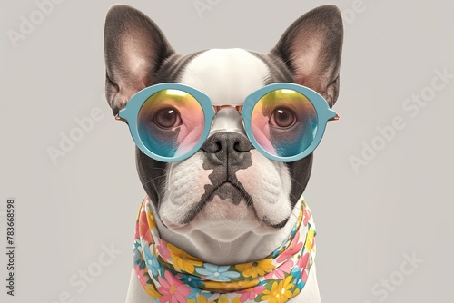 A cute and funny Boston Terrier dog wearing colorful hippie , big round sunglasses with rainbow lens © Photo And Art Panda