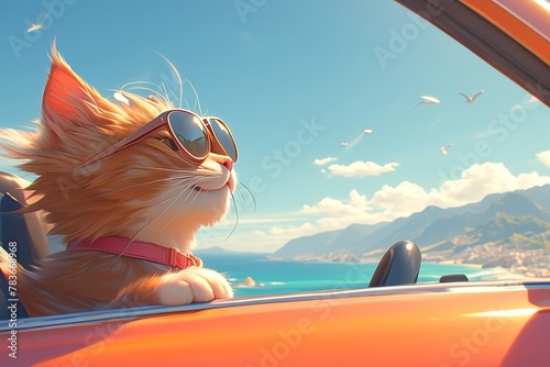 A cute ginger cat wearing sunglasses and sitting in the passenger seat of an orange sports car, looking out with joy on his face.