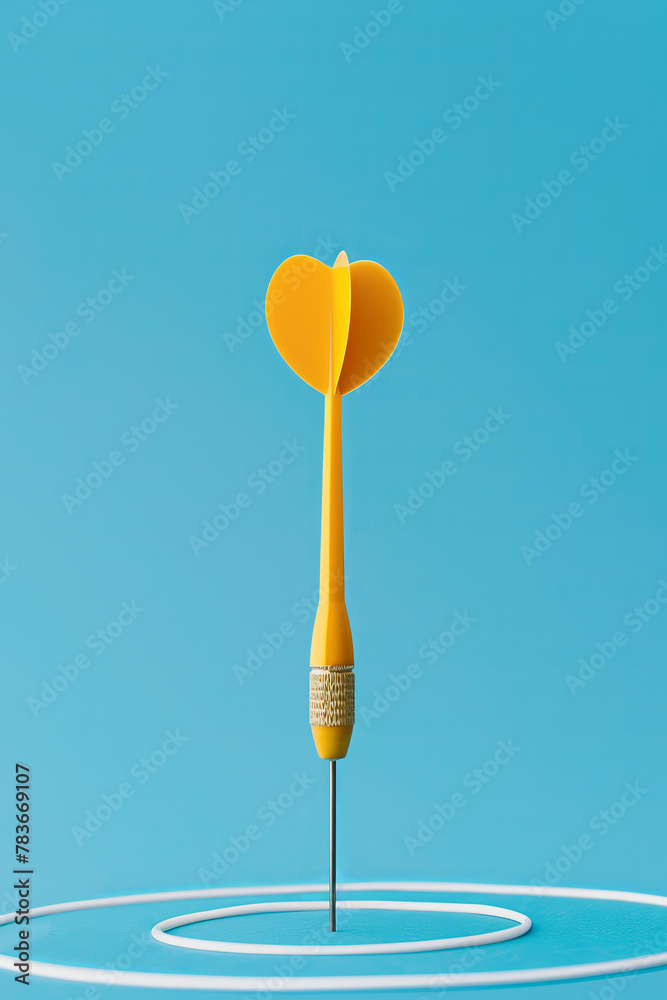 Darts, a yellow dart with a white ring on a blue background and a target in the style of a business goal concept
Darts, a yellow dart with a white ring on a blue background and a target in the style of a business goal concept